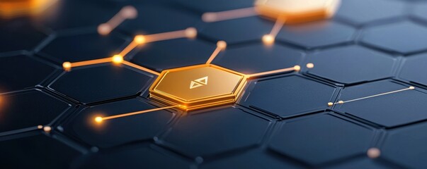 Fototapete - A digital illustration featuring interconnected hexagonal shapes with glowing orange accents, suggesting a theme of technology and innovation.