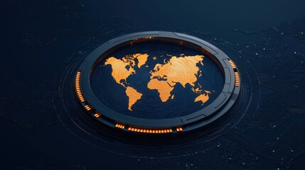 Fototapete - A futuristic, circular world map in vibrant orange against a dark background, showcasing a digital representation of global geography.
