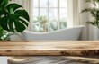 © Mardhiah - Calm and Inviting Bathroom Interior with Wooden Countertop and Lush Greenery, Featuring a Serene Bathtub and Natural Light Streaming In