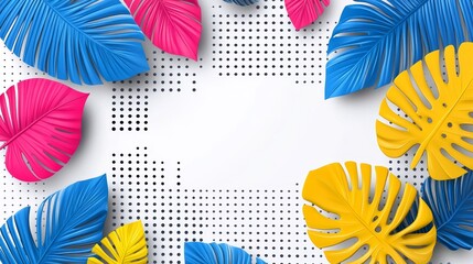 colorful tropical leaves and dotted pattern on white background for modern presentation or creative 