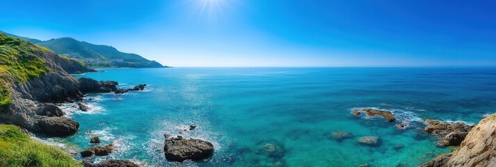 Fototapete - Coastal view of clear blue ocean and rocky shoreline under bright sunlight in a serene natural setting Generative AI