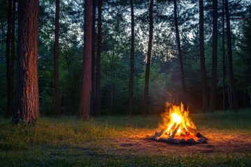 Poster - Solitary campfire glows warmly in a tranquil forest clearing during a quiet night Generative AI