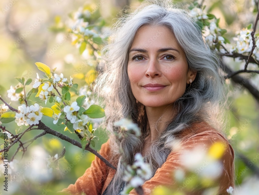 An older woman with gray hair is wearing a floral top, smiling as she ...