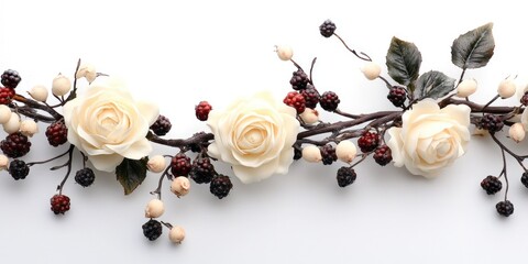 Wall Mural - a white and black flower arrangement with berries and roses. the arrangement is long and has a natur
