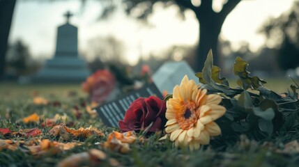 Wall Mural - a cemetery with a gravestone and a cross. a bouquet of flowers is placed on the grass next to the gr