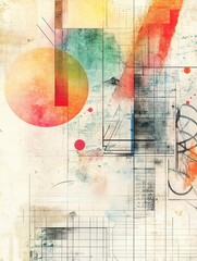 Poster - Explore the blend of watercolor splashes and digital textures creating harmonious abstract art with golden ratio elements
