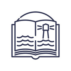 Wall Mural - open book with waves and lighthouse symbolizes guidance through knowledge and patience.