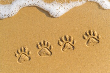 Aufkleber - Dog paw prints lead across golden sand at the beach with gentle waves in the background on a sunny day Generative AI