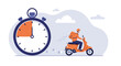 © vector - Illustration of a delivery person on a scooter with a stopwatch symbolizing fast delivery service.