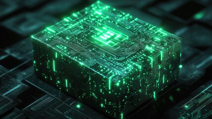 Poster - A digital circuit-patterned gift box with glowing green accents, showcasing a futuristic design against a high-tech backdrop.
