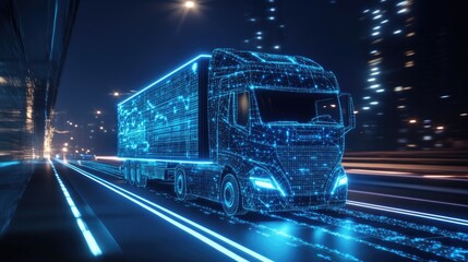 Poster - A futuristic digital transportation network with glowing blue lines and connected nodes, symbolizing technology in motion, digital truck systems, and modern transportation.