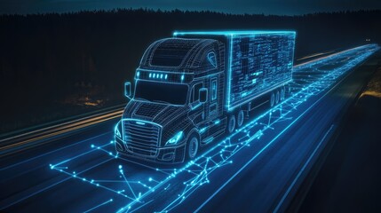 Poster - A futuristic digital transportation network with glowing blue lines and connected nodes, symbolizing technology in motion, digital truck systems, and modern transportation.