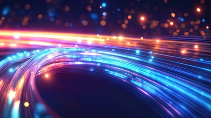 Poster - A glowing fiber optic cable with bright light signals moving along it, illustrating the concept of ultra-fast data transfer and cutting-edge communication technology.