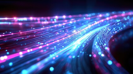 Poster - A glowing fiber optic cable with bright light signals moving along it, illustrating the concept of ultra-fast data transfer and cutting-edge communication technology.