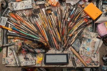 Poster - Creative workspace filled with scattered brushes, pencils, and digital tablets for artistic projects