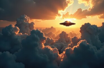 Aufkleber - Bright UFO illuminated by sunset above thick clouds in the sky