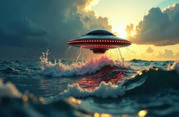 Aufkleber - Extraterrestrial craft hovering over ocean waves at sunset