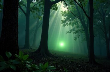 Aufkleber - Mysterious green light illuminates forest during twilight hours