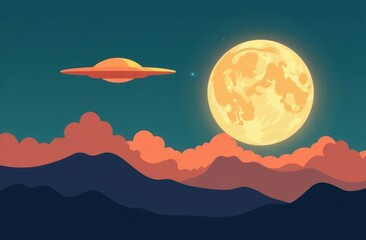 Aufkleber - Gigapixel AI captures UFO hovering near the moon over mountains at dusk