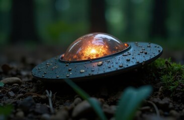 Aufkleber - Mysterious UFO spotted in a forest during a serene twilight moment