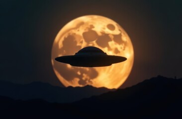 Aufkleber - UFO hovering near the full moon above mountain range during night