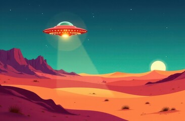 Aufkleber - Mysterious UFO hovering over desert landscape during twilight dusk