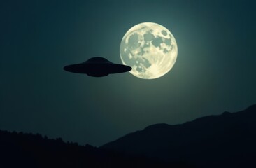 Aufkleber - Mysterious UFO hovering near full moon over mountainous landscape