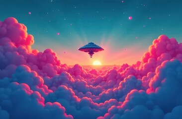 Aufkleber - UFO hovering above colorful clouds at sunset with vibrant sky