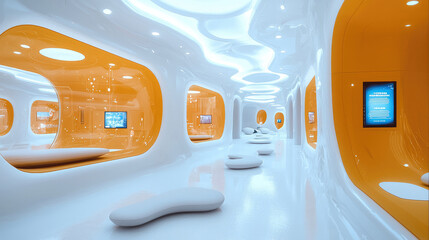 Poster - Futuristic interior design featuring smooth white walls and vibrant orange accents, creating unique and inviting atmosphere