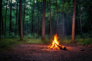 Aufkleber - Solitary campfire glowing in a forest clearing at night with flickering light among trees Generative AI