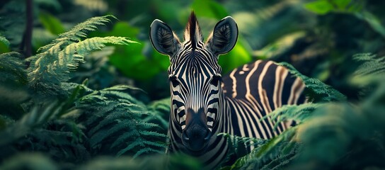 Poster - Zebra peering through lush ferns revealing its detailed stripes under soft ambient light : Generative AI