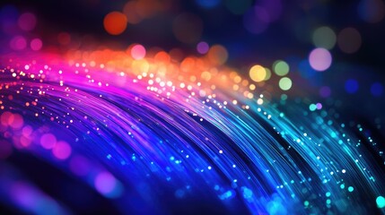 Poster - Fiber optic cables with light signals running through a dark environment, emitting colorful pulses of light, representing high-speed internet and modern communication.