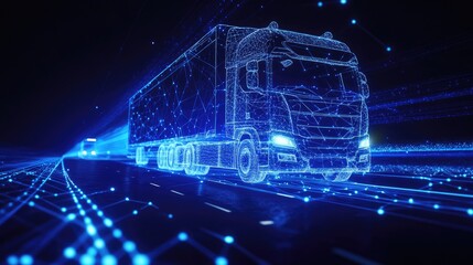 Poster - Glowing blue lines and abstract network design forming a digital representation of trucks on the move, connected in a seamless and futuristic transportation system.