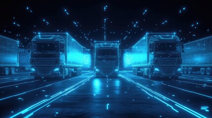 Poster - Glowing blue lines and abstract network design forming a digital representation of trucks on the move, connected in a seamless and futuristic transportation system.