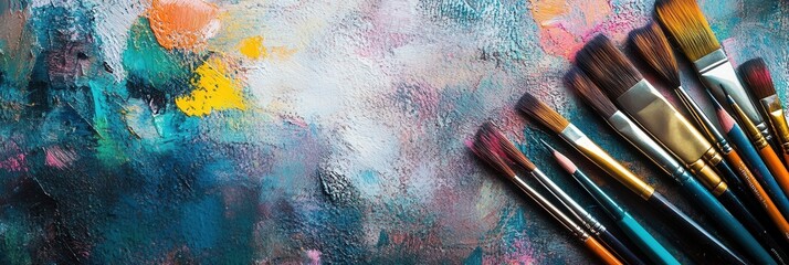 Fototapete - Artistic workspace filled with scattered creative tools including brushes, pencils, and digital tablets in colorful surroundings