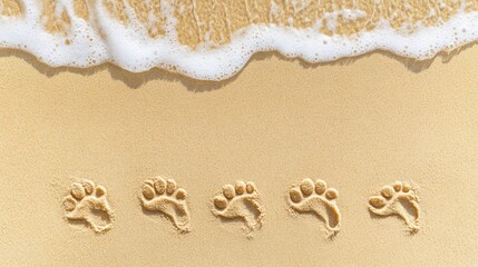 Aufkleber - Dog paw prints create a beautiful path across golden sand with gentle waves in the background on a sunny beach day Generative AI