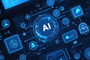 Wall Mural - abstract illustration of artificial intelligence with technology icons in blue tones