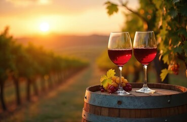 Fototapete - Two glasses of red wine stand on barrel against vineyard at sunset. Romantic countryside scene with warm light on wine glasses. Wine tasting experience in vineyard.