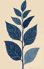 Fototapete - Hand drawn tree branch with blue leaves on beige background. Botanical art illustration perfect for wallpaper, textile design, home decor or modern posters. Interior design element.