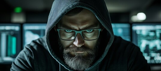 Wall Mural - close-up hacker in hoodie. programmer working late, cybersecurity, concept image, dark web