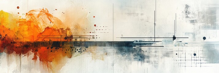 Fototapete - Mixed media artwork showcasing vibrant watercolor splashes combined with intricate pencil sketches and digital textures highlighting artistic expression