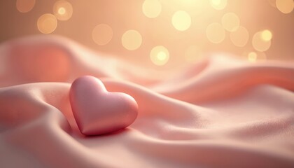 Poster - Valentine Day background with soft pastel pink silk, heart shape. Bokeh lights. Gold, yellow, orange gradient. Romance card, holiday. Wedding greeting banner. Love symbol, celebration decoration