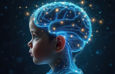 Aufkleber - Side profile of child with digital glowing brain. Blue lines, neural connections represent artificial intelligence. AI deep learning, creative mind, imagination power, futuristic tech, intellect