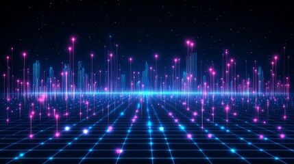 Abstract digital network futuristic technology background with glowing particle light effects and grid pattern for modern innovation concepts