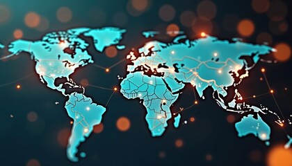 Fototapete - World map illustration with glowing connections between continents. Global network links, international business, digital tech concept. Worldwide economy, finance, payments. Blurred abstract blue