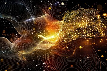 Leinwandbilder - Luminous Network of Golden Light Orbs and Flowing Lines on Dark Backdrop, Emitting Abstract Energy