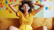 © Ms. Fox - Joyful hispanic young woman enjoying music in bright room with colorful notes