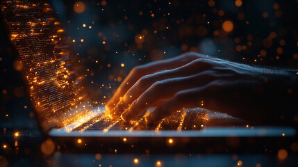 Close-up of hands typing on a laptop, with glowing data streams and flowing code emerging from the keyboard, representing programming, cybersecurity, and the fast-paced digital landscape.