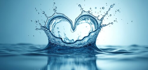 Leinwandbilder - Fresh water splash forms heart shape against light blue backdrop. Dynamic sparkling liquid with clear droplets purity, romance. Vibrant, calm image evokes refreshment, hydration, love for Valentine