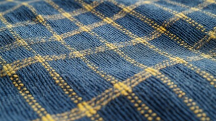 Wall Mural - A zoomed-in view of a blue and yellow plaid pattern on a cotton shirt, emphasizing the woven texture and subtle color variations.